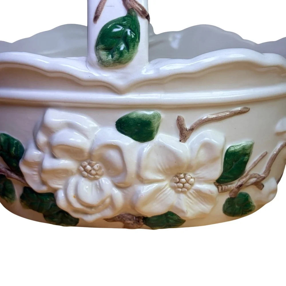 Napco Ceramic Magnolia Flower Basket Planter Vase White Green Rare Retro Vintage